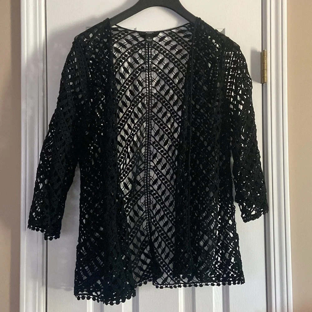 Alfani Woman Black 100% Cotton Crochet Knit Open Front Cardigan Size 2X
